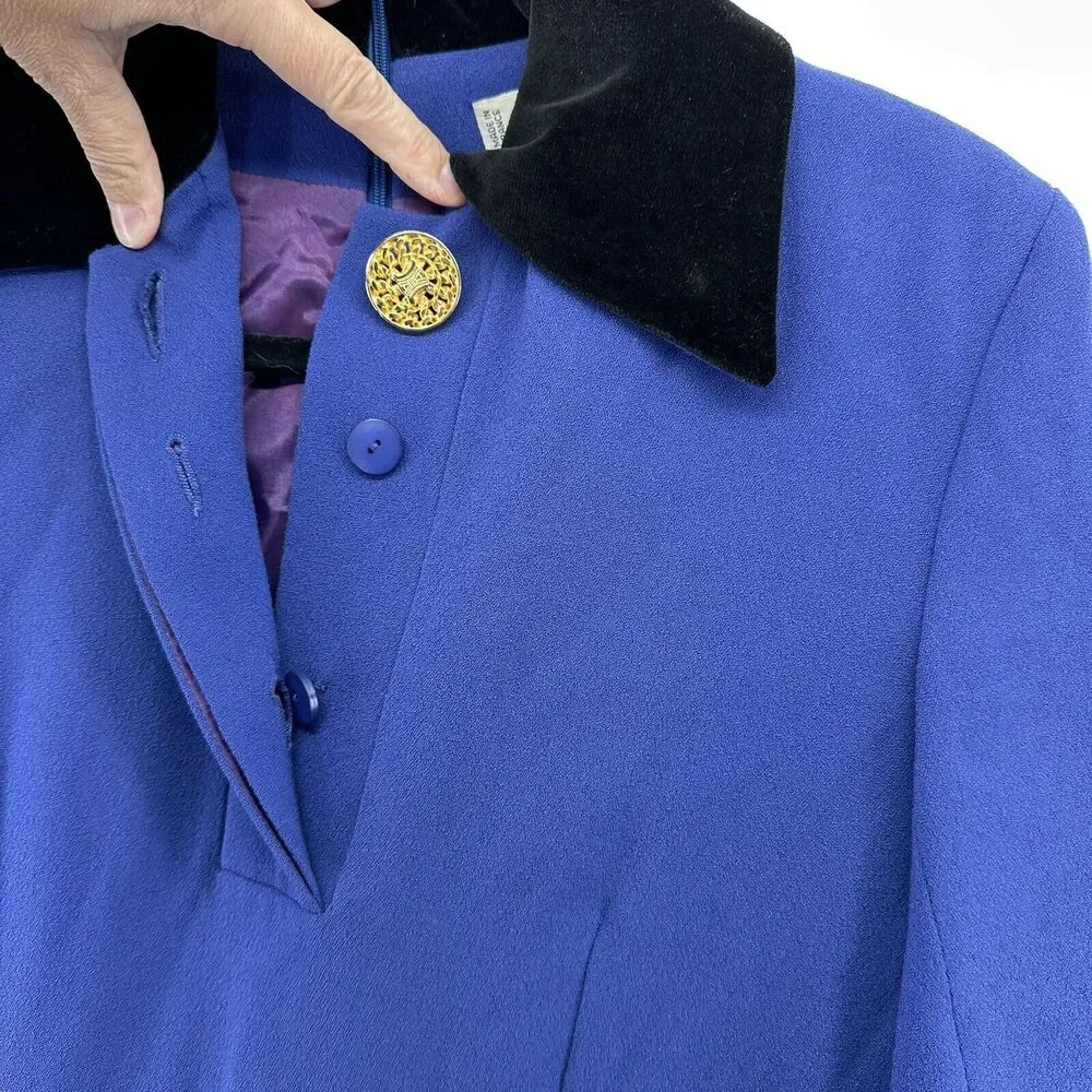 Vintage CELINE PARIS Wool Velvet Collar Cuffs Dress Purple Long Sleeves Sz 38 - Picture 6 of 16